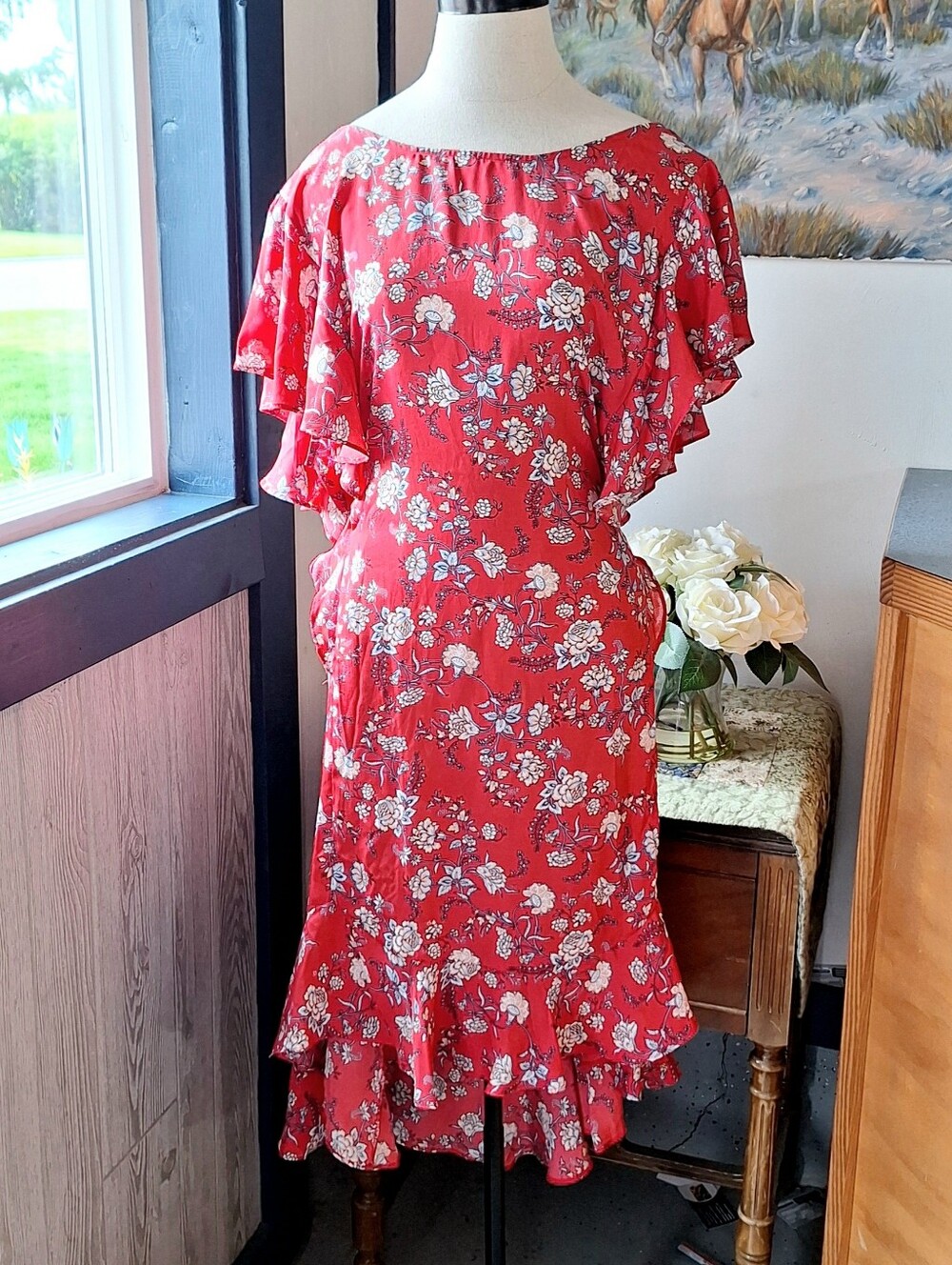 Max Studio Floral Ruffled Red Rose Toile "RDRSETLE" Dress, 3X, Style#1W12D64,NWT